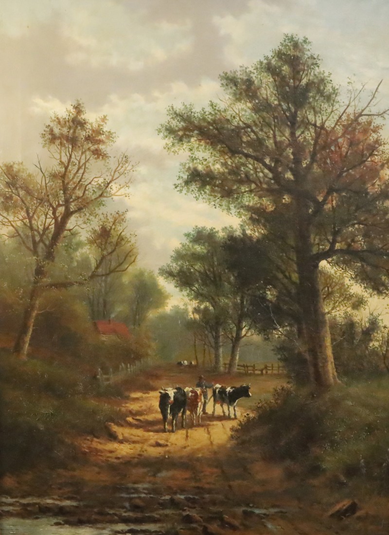 Late 19th century English School Cattle and drover on a lane 39.5 x 29.5in.